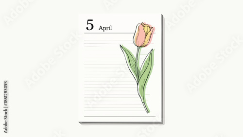 A hand-drawn pink and yellow tulip graces a lined page dated April 5, suggesting spring's serene arrival and personal reflection opportunities daily.