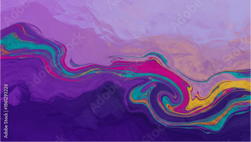 Vibrant swirling patterns dance across a purple landscape viewed from above.