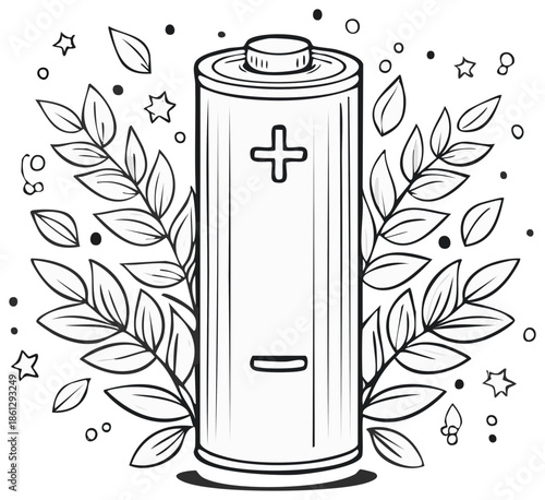 Battery with positive and negative symbol, leaves, stars and dots, illustration.