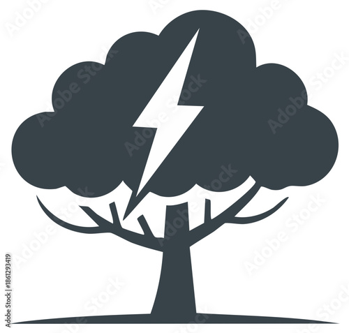Stylized tree silhouette struck by powerful lightning bolt representing nature's destructive energy icon
