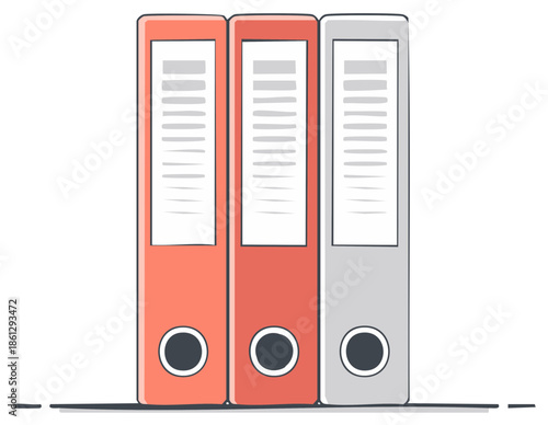 Three colorful ring binders standing upright on a shelf for document organization