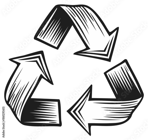 Engraved style recycling symbol with arrows for eco friendly reuse and sustainability concept