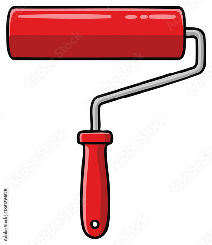 A bright red paint roller tool with a metal frame and handle for home renovation and decoration projects