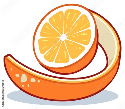 Fresh Orange Slice with Twisted Peel Illustration, Ripe Citrus Fruit with Zest, and Refreshing Nutrients for Juice or Healthy Snacks