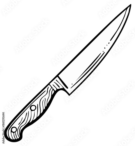 Hand drawn chef knife illustration in a black and white line art style