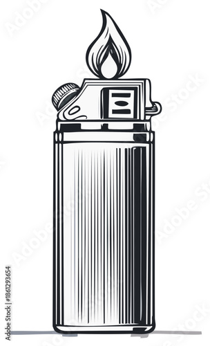 Monochrome Illustration of a Brushed Metal Lighter with a Vivid Flame