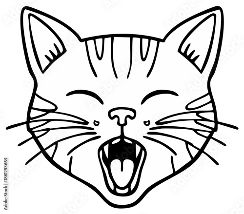 Black and white cat face illustration with open mouth