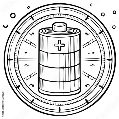 Hand Drawn Battery Energy Clock Represents Time Running Out With Arrows Symbolizing Lost Power Consumption