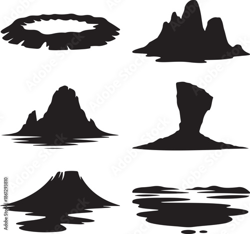 Abstract inkblot mountain and rock formations isolated on transparency