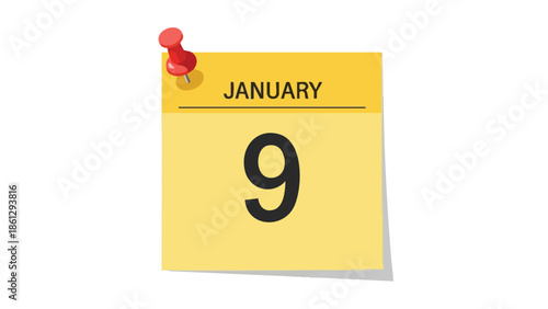 Vibrant yellow calendar sheet for January 9th, secured by a bold red pushpin, signifying important dates or scheduled events