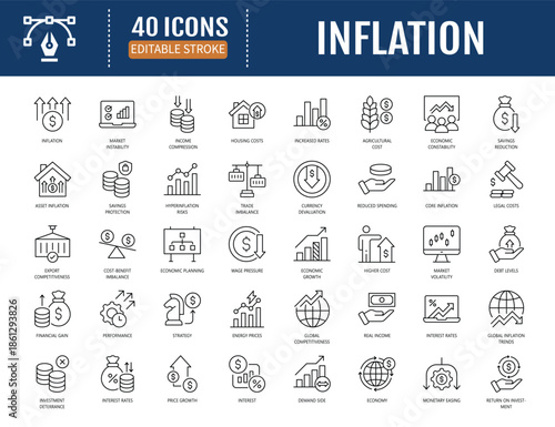 Inflation icon set. Includes prices, wages, economy impact, market, surge, demand, supply chain, spending, expense, budget, taxes, income and more. Vector illustration with editable strokes