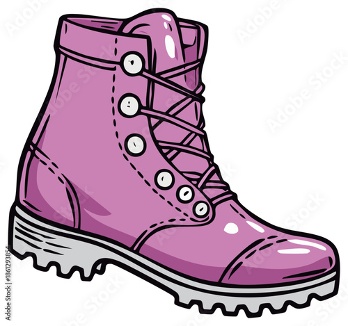 Pop art style bright pink hiking boot illustration with chunky sole and eyelets