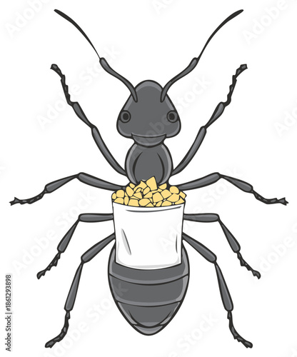 Cartoon ant holding popcorn, comical insect character, snack concept, funny food