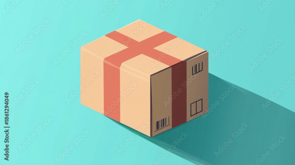 Obraz premium Isometric cardboard box with red tape on a light blue background