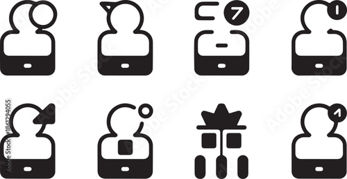 A collection of eight simple minimalist black icons depicting various stylized human heads with different symbolic objects above them