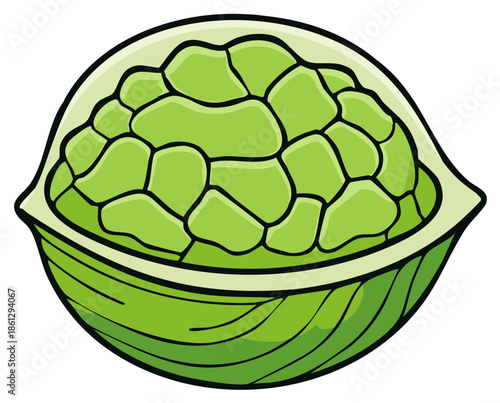 Illustration of open sugar apple showing its pale green, segmented, and soft flesh, ready to eat