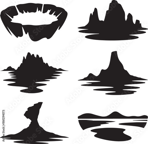 Abstract inkblot style mountain and landscape silhouettes isolated