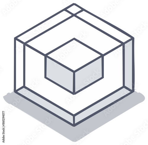 Abstract isometric drawing of a cube inside a cube frame. Minimalist geometric icon.