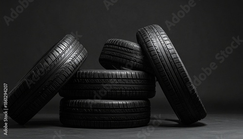 Stack of black rubber tires arranged artistically against a dark background with dramatic lighting and visible tread.
