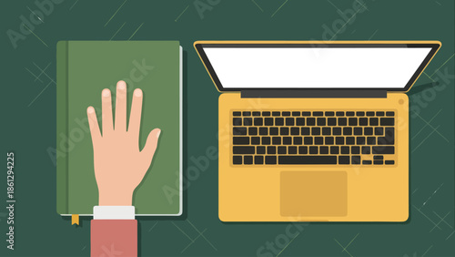 Flat vector illustration of a hand resting on a book next to a laptop symbolizing education, learning, and knowledge
