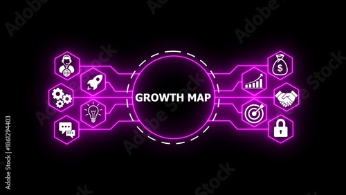 Futuristic glowing neon GROWTH MAP  interface on dark background. Digital  style business roadmap visualization with technology icons, target, growth chart, finance, security and strategy elements. 