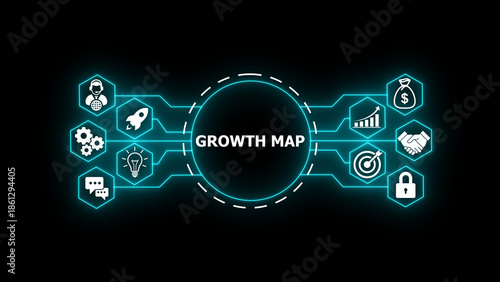 Futuristic glowing neon GROWTH MAP  interface on dark background. Digital  style business roadmap visualization with technology icons, target, growth chart, finance, security and strategy elements. 