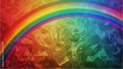 Vibrant rainbow arching over abstract background with colorful textures and patterns