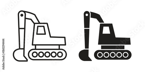 Excavator icons in black glyph and liner versions for design.