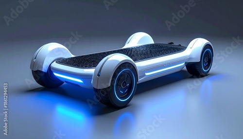 Futuristic white hoverboard with black textured deck and glowing blue LED wheels on sleek display.