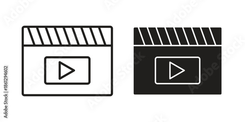 Film clapperboard icons in black glyph and liner versions for design.