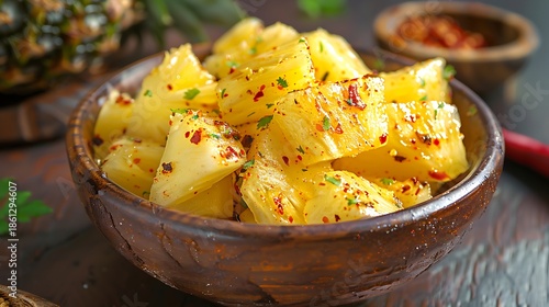 A bowl of fresh pineapple chunks with a sprinkle of chili powder