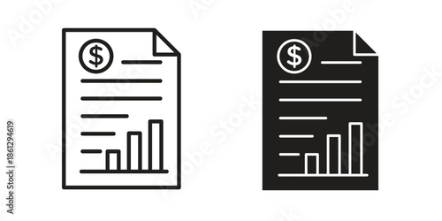 Financial report icons in black glyph and liner versions for design.