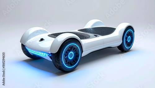 Futuristic white hoverboard with black textured deck and glowing blue LED wheels on sleek display.