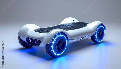 Futuristic white hoverboard with black textured deck and glowing blue LED wheels on sleek display.