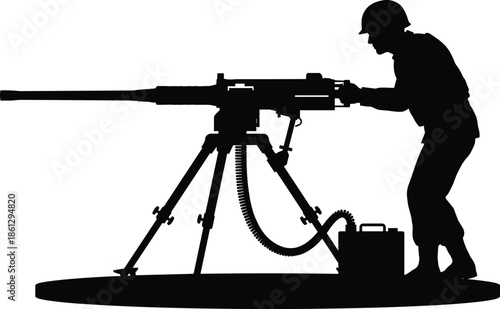 Soldier silhouette operating heavy machine gun on tripod, military combat weapon illustration isolated on white background, army defense concept vector
