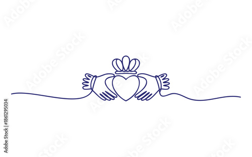 A continuous line drawing of the iconic claddagh symbol representing love, loyalty, and friendship