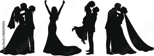 Elegant wedding couple silhouette set showcasing romantic poses, bridal celebration, love, unity, and timeless moments of marriage joy