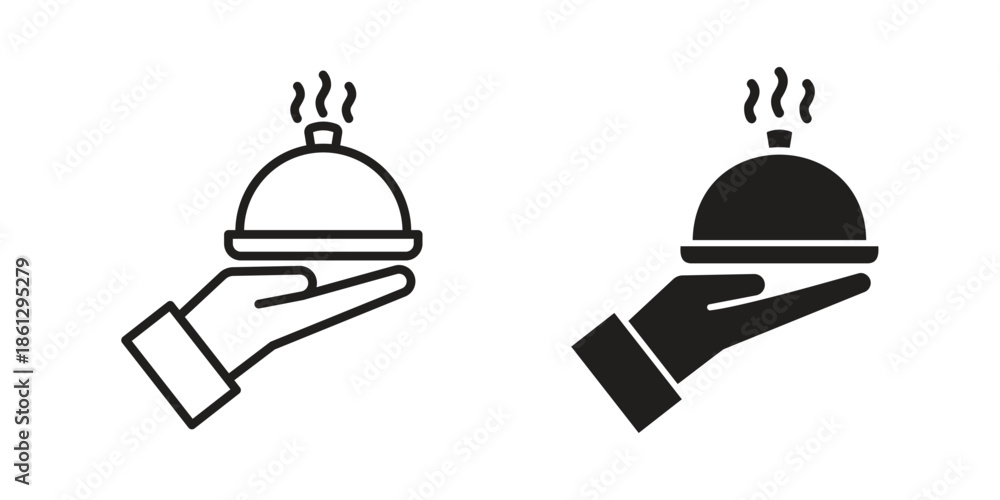 Fototapeta premium Hand holding tray icons in black glyph and liner versions for design.