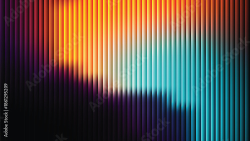 Glass ripple texture with dark gradient background and lilac light streaks. Futuristic distortion, moody abstract glow, reeded vertical blur. Vector illustration EPS