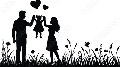 Family silhouette with child lifted between parents, heart symbols, and nature elements representing love, unity, joy, and togetherness