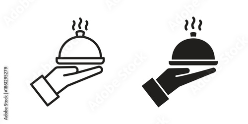 Hand holding tray icons in black glyph and liner versions for design.
