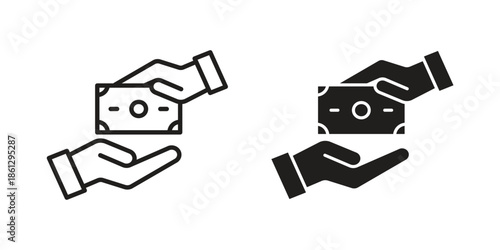 Hand money exchange icons in black glyph and liner versions for design.