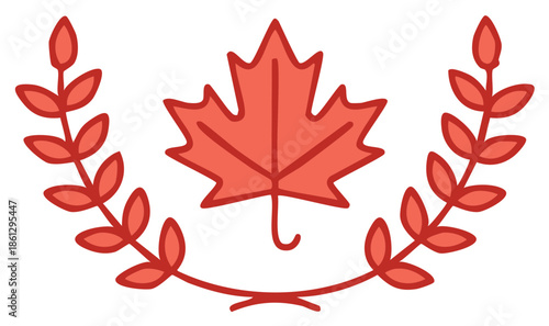 Red maple leaf with laurel wreath design illustration for Canada concept