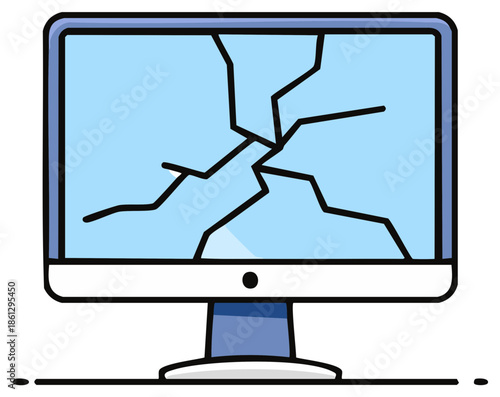 Cartoon Computer Monitor with Cracks Showing Screen Damage Indicating Failure or Technical Issues