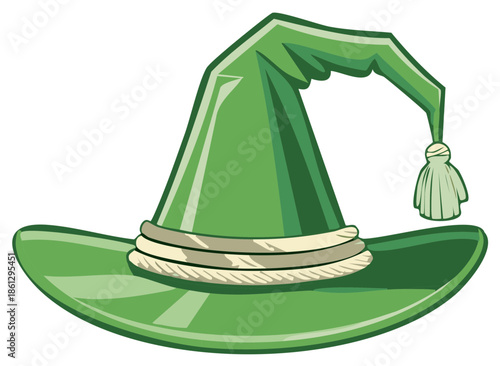 Green leprechaun hat with a tassel and white rope, ideal for St. Patrick's Day celebrations or festive events