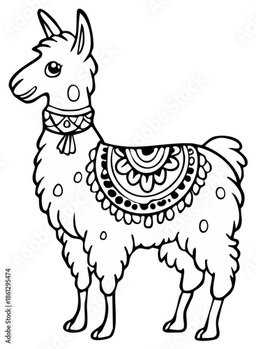Illustration of a llama in a decorative saddle, in black and white