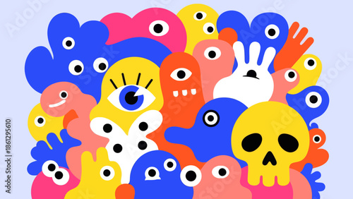 A vibrant and playful gathering of abstract, friendly cartoon monsters, depicted in a cheerful flat vector illustration, embodying imagination and diverse creativity