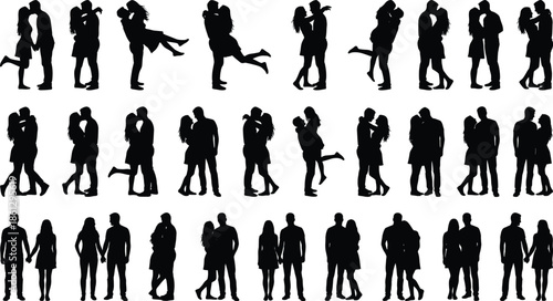 Romantic couple silhouette collection showing love, kiss, hug, and emotional connection through various affectionate poses and relationship gestures