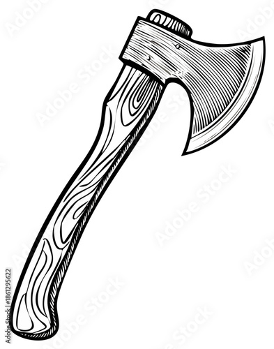Engraved axe tool with wooden handle illustration showing craftsmanship and vintage style, a wood chopping equipment