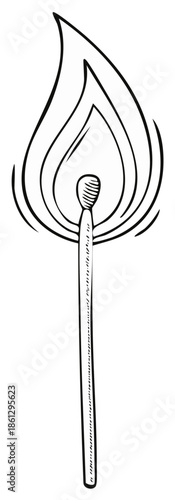 Burning match illustration, hand-drawn sketch of flame and wood stick.